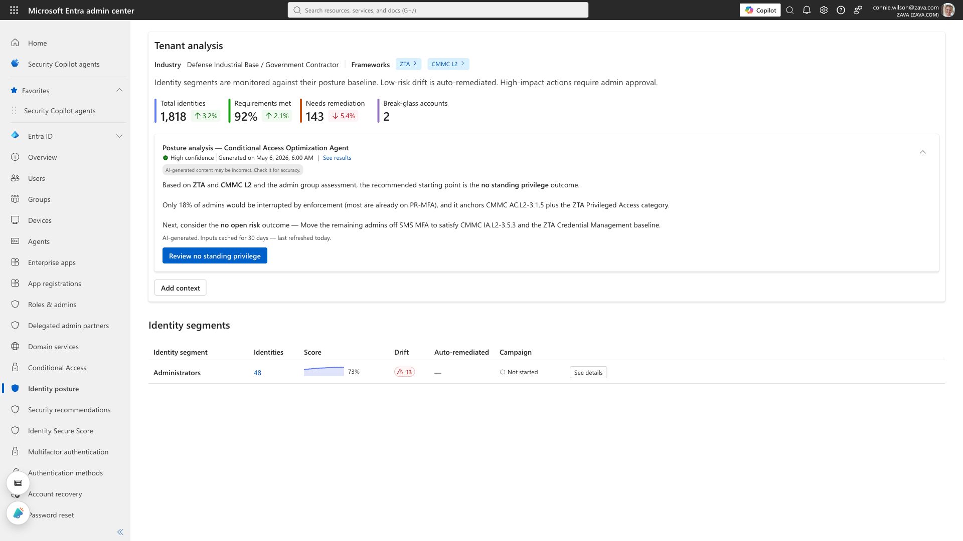 Identity posture overview for the Zava tenant: 1,818 identities, 92% requirements met, an agent recommendation card, and the Administrators segment.