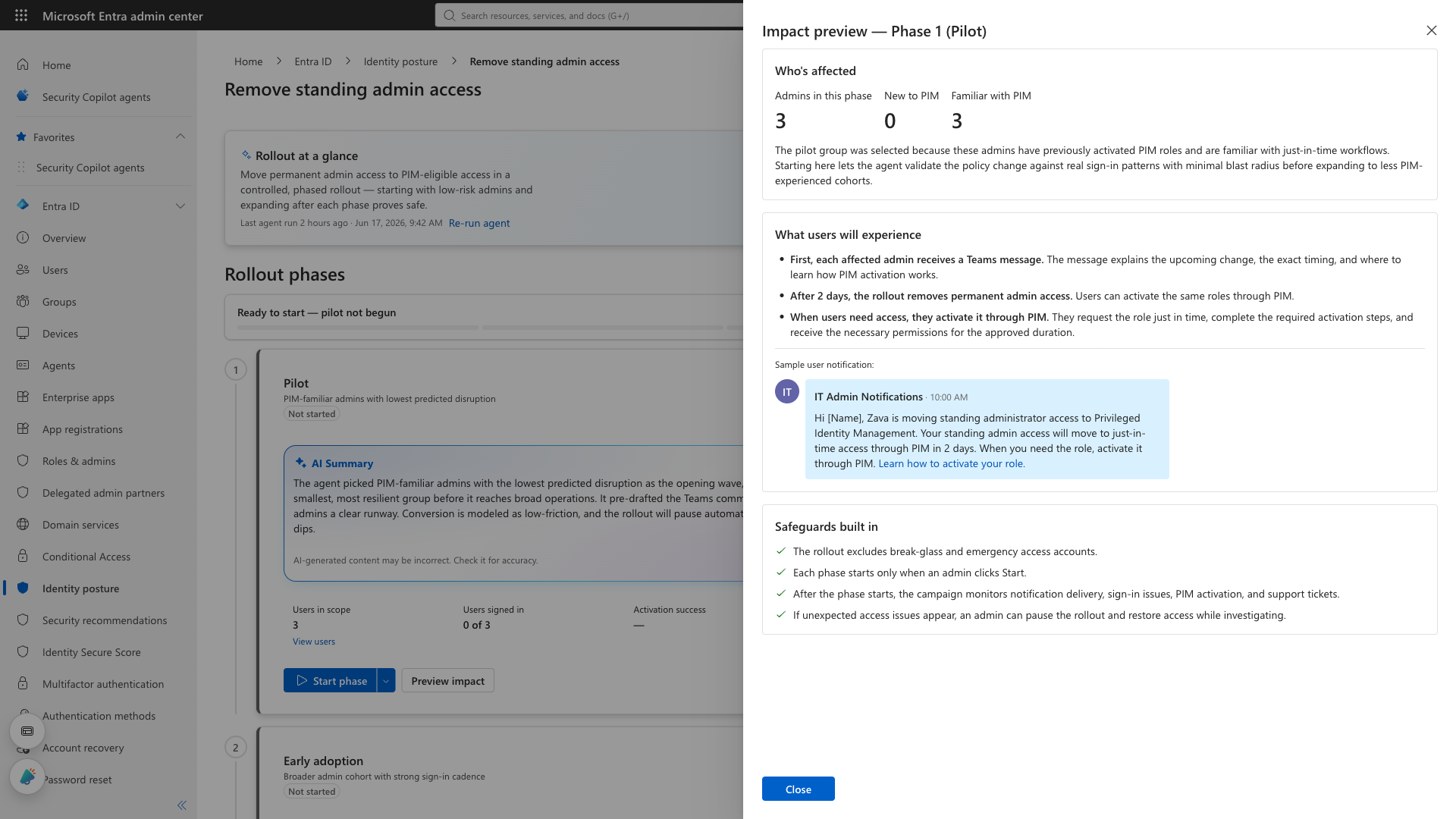 Impact preview drawer: 3 admins affected, a sample Teams notification, and safeguards including break-glass exclusion and one-click pause-and-restore.