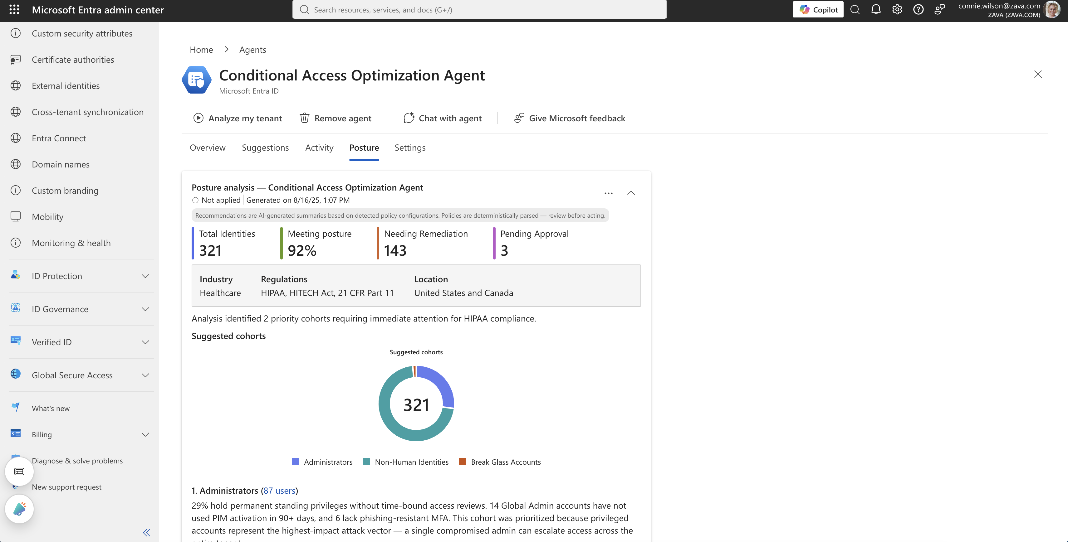 Hackathon: posture analysis shown inside the Conditional Access Optimization Agent, with stat tiles and a suggested-cohorts donut.