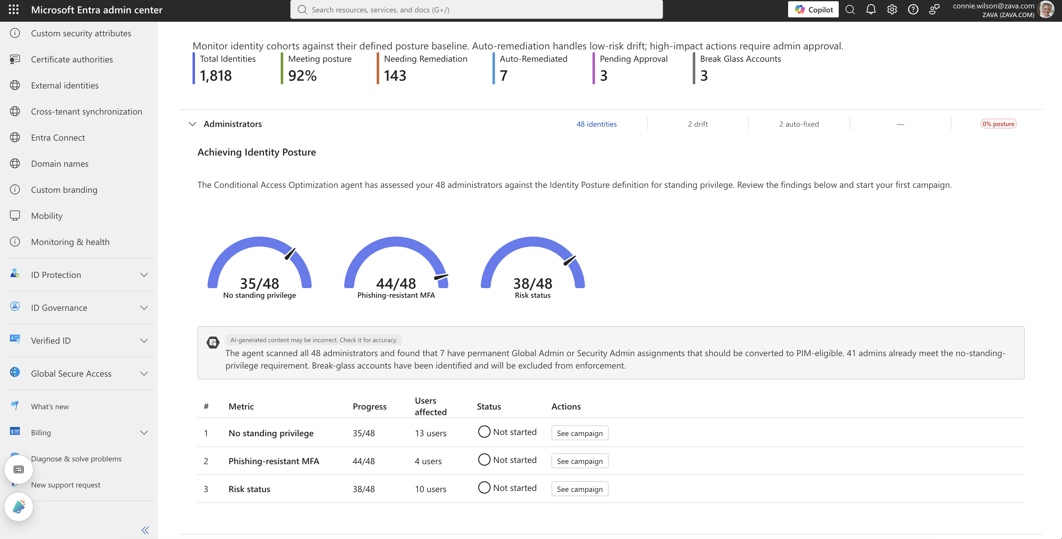 Hackathon: an Administrators cohort view showing basic posture progress inside the agent.