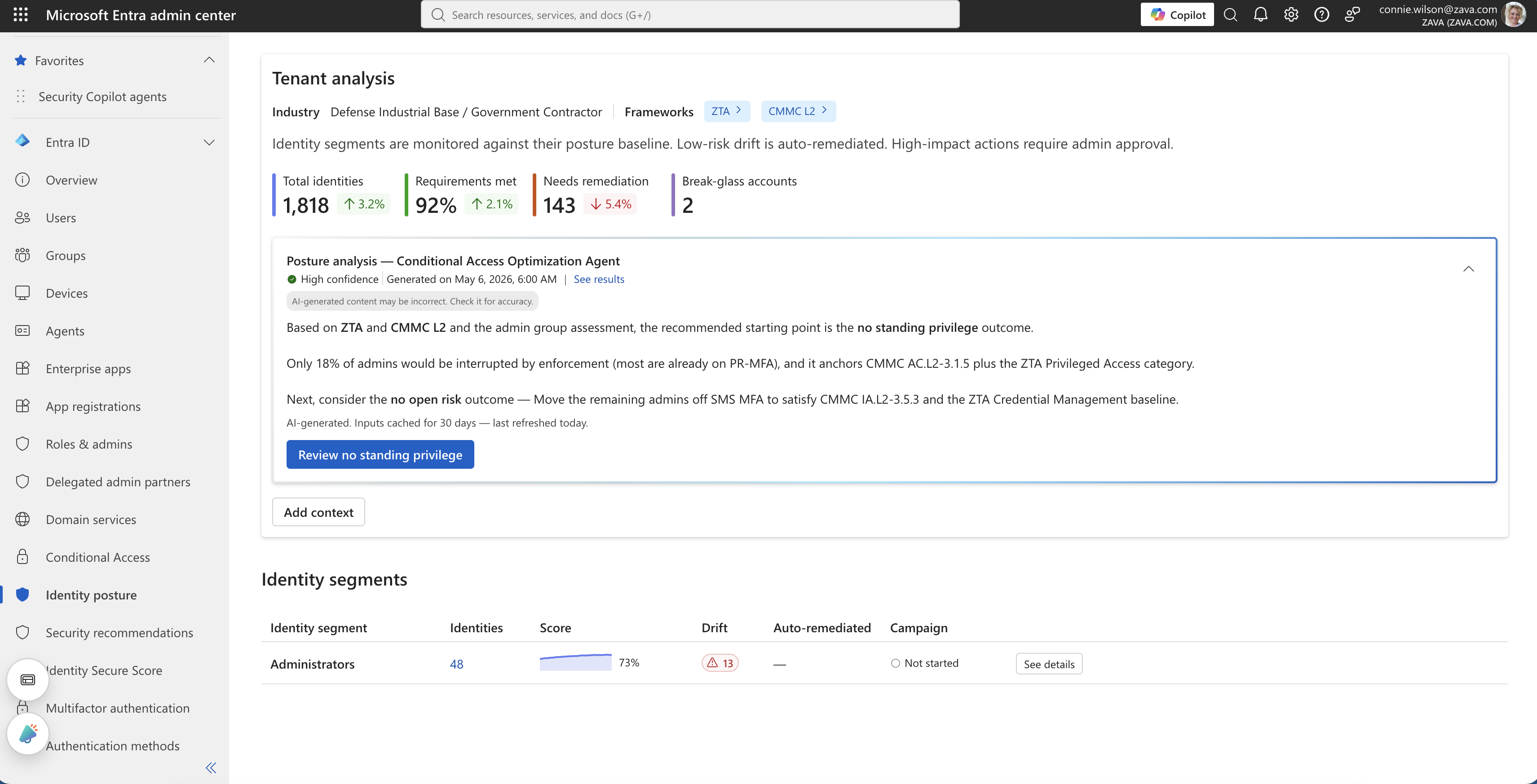 V1: a standalone Identity posture page with a tenant-analysis card, four metric tiles, and an identity-segments table.