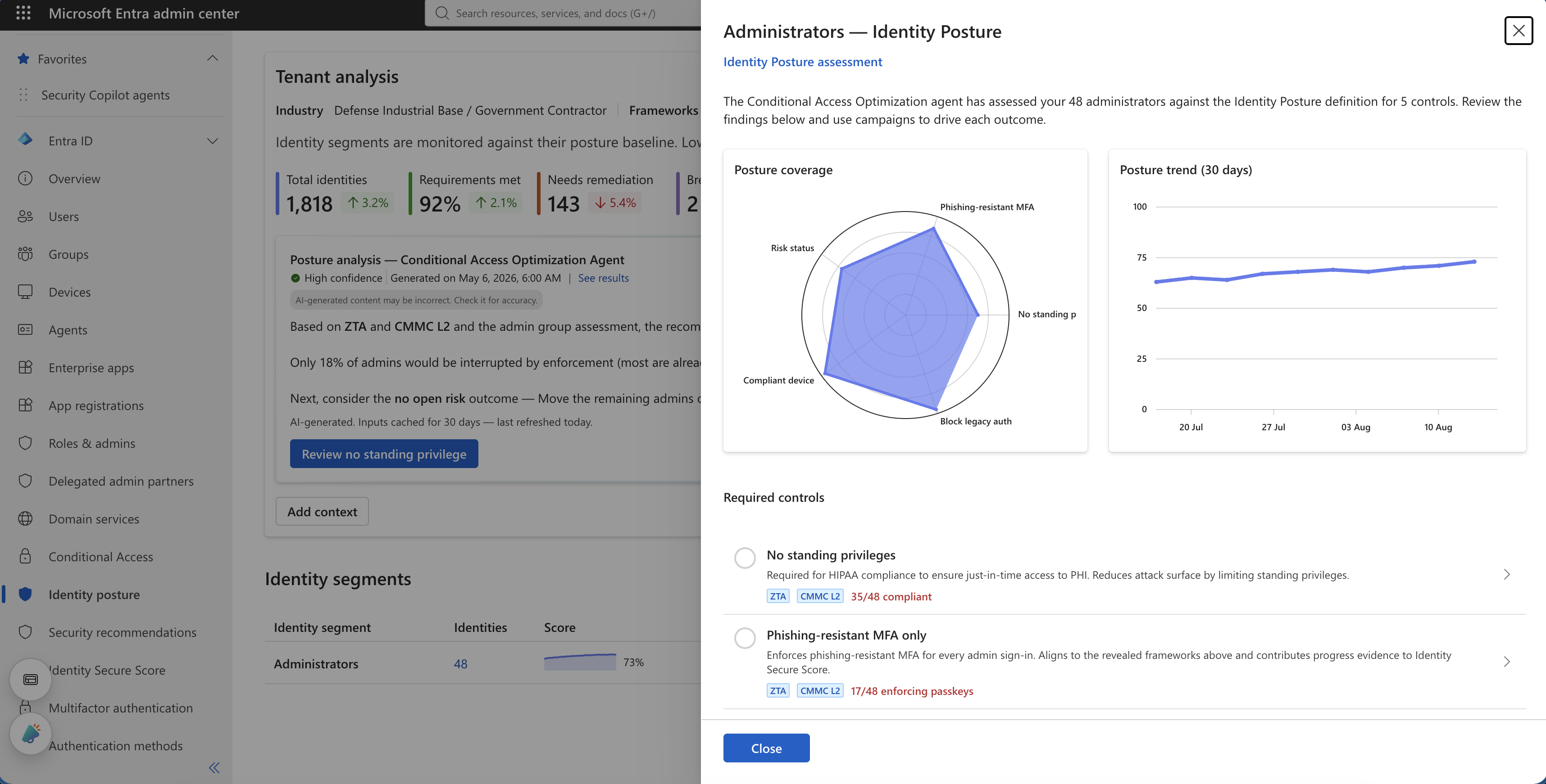 V1: an Administrators posture-assessment drawer with standard Entra list rows and gauges.