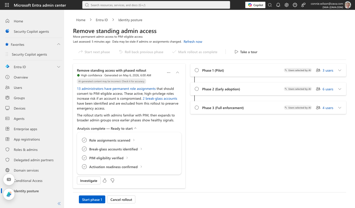 V1: a phased rollout in standard Entra styling, ready to start, with phase rows.