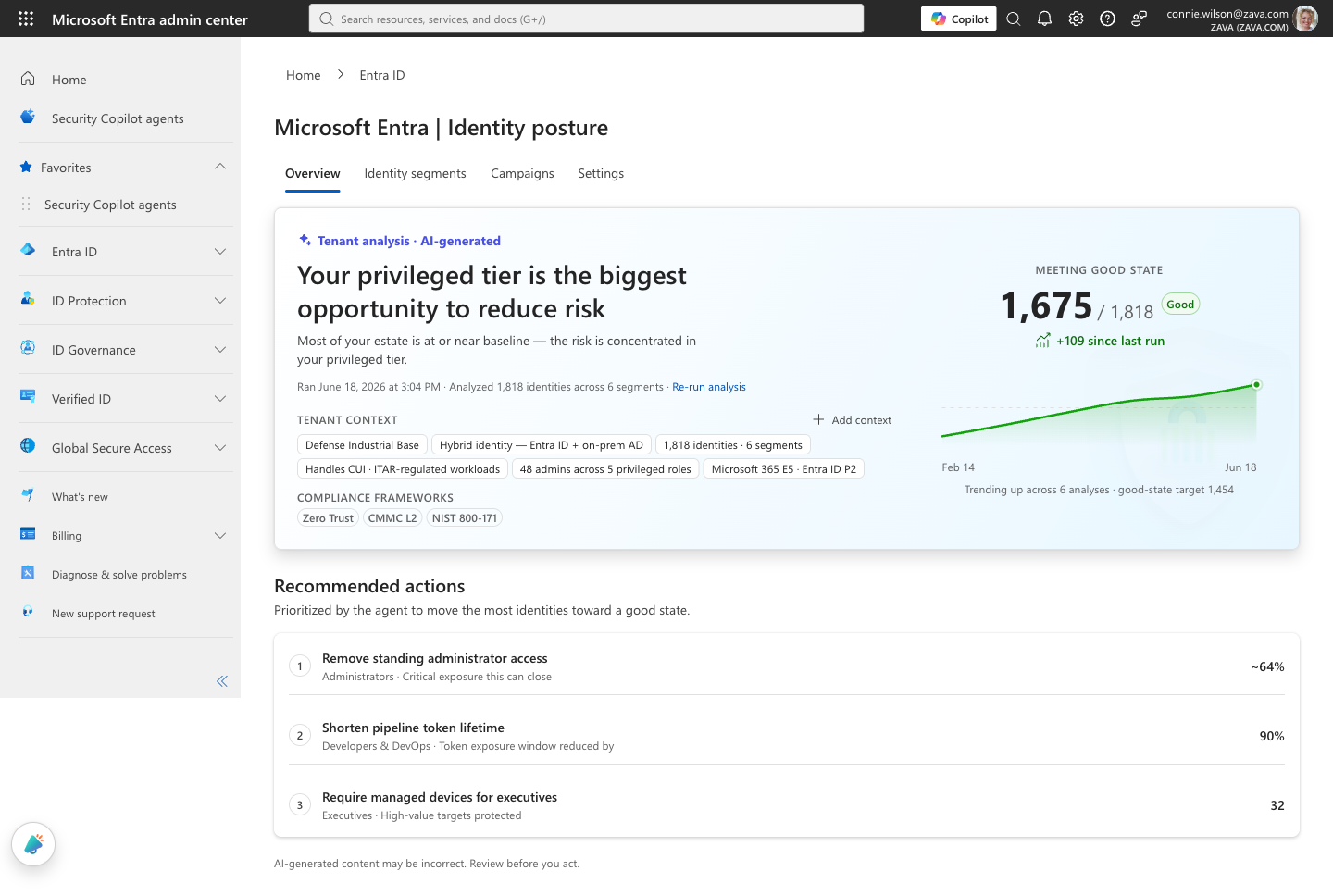 V2: an AI-forward overview with a headline insight, a meeting-good-state trend, tenant context chips, and a prioritized recommended-actions list.