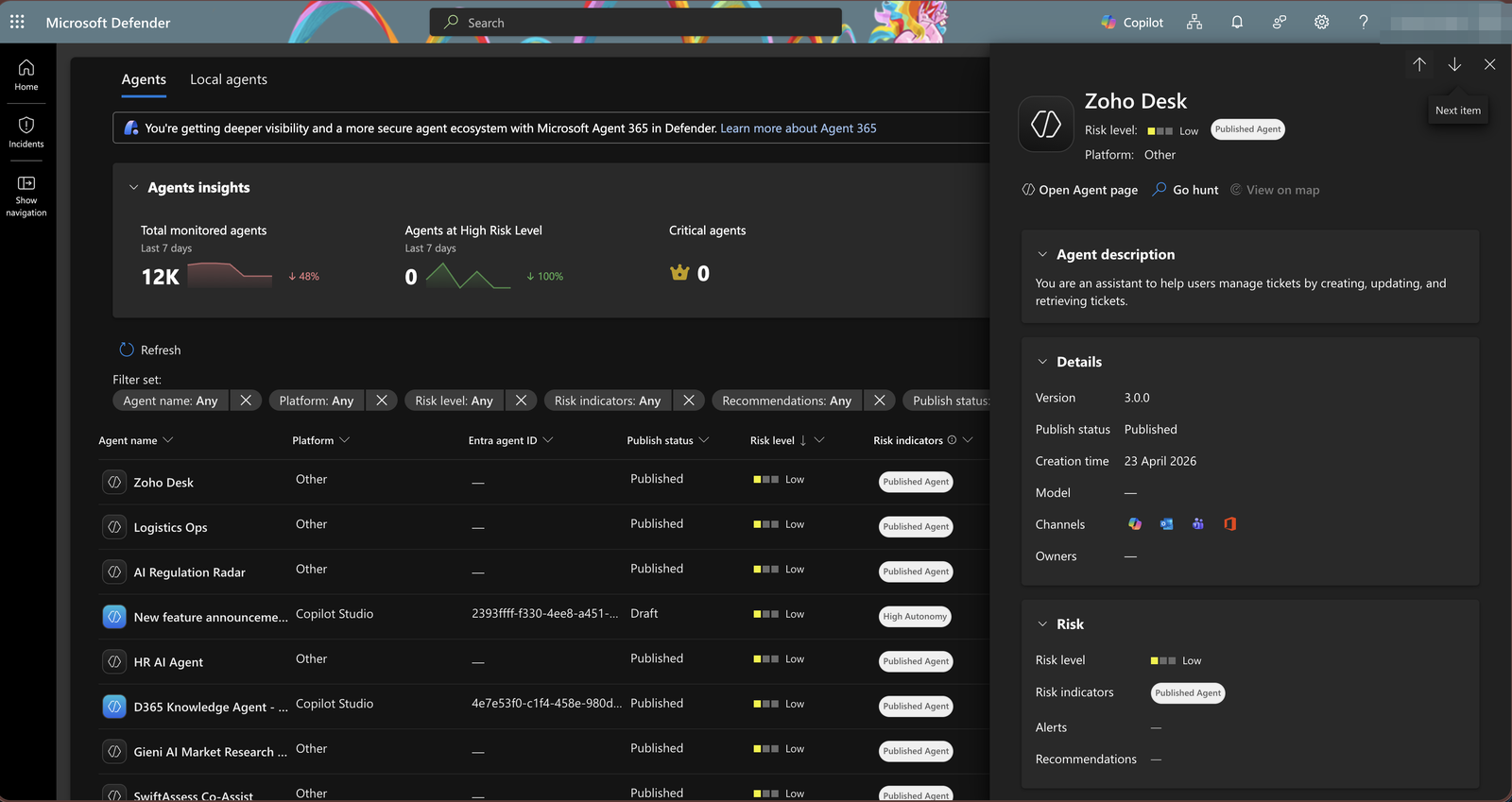 A single agent's detail flyout in Defender, listing version, publish status, channels and risk level.