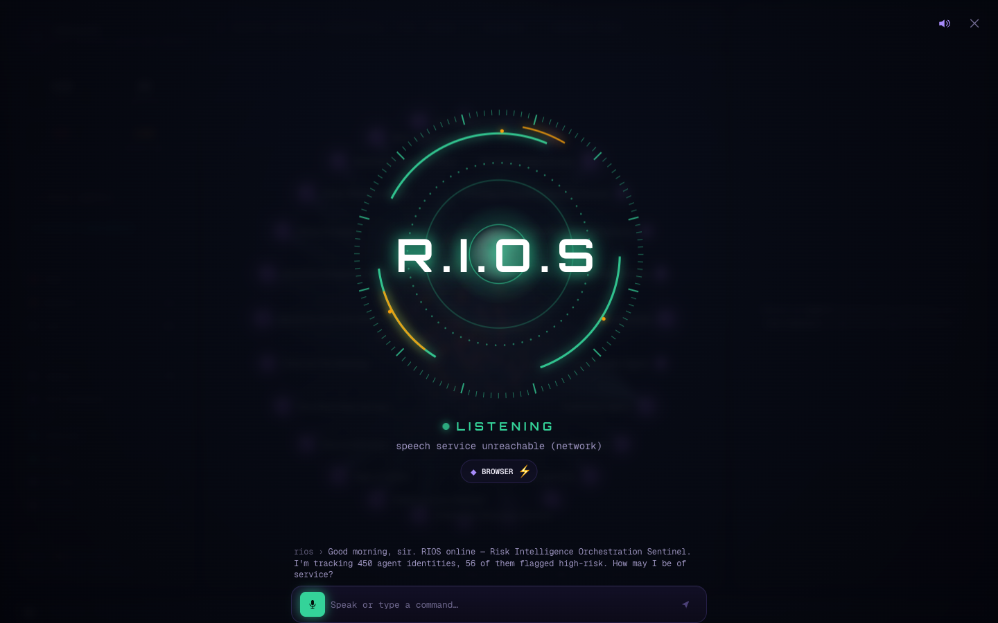 The full-screen arc-reactor HUD in a LISTENING state with a boot greeting.